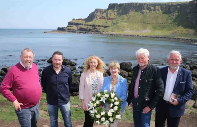 Historian and Chairman of the North Coast Armada Connection Dr Bob Curran, Declan Bruen from Grange and Armada Development Association in County Sligo, the Mayor of Sligo, Councillor Marie Casserly, the Mayor of Causeway Coast and Glens Borough Council, Alderman Maura Hickey, Frank Madden who has dived to the wreck of the Girona, and Eddie O'Gorman from Grange and Armada Development Association in County Sligo pictured at the Giant's Causeway ahead of the wreath laying service. PICTURE KEVIN MCAULEY/MCAULEY MULTIMEDIA