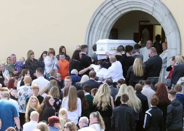 Mourners at the Church of the Assumption in Newry for the funeral of Caitlin White