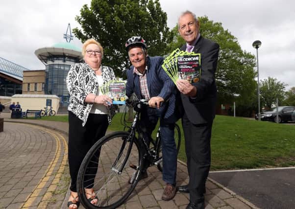 Pictured at the launch of the upcoming StreetVelodrone event are: Barbara Porter, Health and Social Wellbeing Improvement senior officer from the Public Health Agencys Belfast and South Eastern Team; Councillor Tim Morrow, Chairman of the Council's Leisure & Community Development Committee and Councillor Uel Mackin, Chairman of the Council's Development Committee.