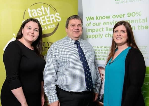 Pictured are Ashley Hanley from Hilden Brewing Co. (right) with Michael McCallion, Senior Buying Manager, Asda NI & Scotland, and Laura Babbs, Sustainability Manager, Asda.