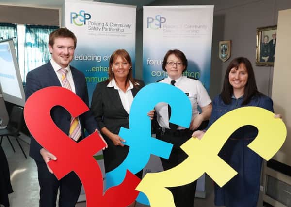 Members of Lisburn & Castlereagh PCSP,  Cllr Scott Carson Elected Member, Christine McCullough Vice Chairman, Chief Inspector Lorraine Dobson and Yvonne Craig Independent Member at the launch of the PCSP Project Support Programme.