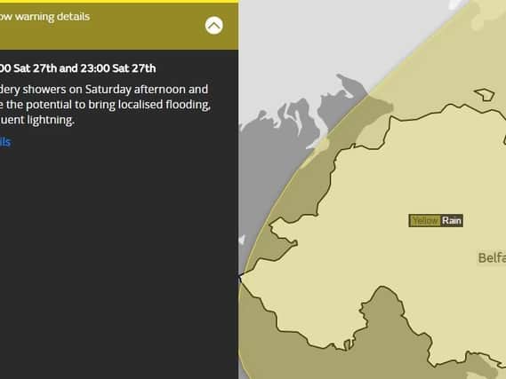 The weather warning is for heavy rain and thunder storms. (Photo: Met Office)