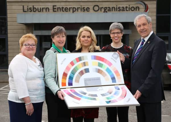 Pictured at the Health & Wellbeing Session at Lisburn Enterprise Organisation with Councillor Uel Mackin, Chairman of the council's Development Committee, are (l-r)  Barbara Porter, Health and Social Wellbeing Improvement Senior Officer from the Public Health Agencys Belfast and South Eastern Team; Helen Allen, House of Colour Consultant; Colleen McAreavey, LEO; and Dympna Hannon, Dympna Hannon Clinic.