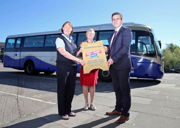 Pictured with Councillor Audrey Wales MBE, Mayor of Mid and East Antrim Borough Council, is Karen Hoey, Ballymena Chief Clerk, Translink and John Morgan, Service Delivery Manager, Translink. The Mayor is calling on residents of the Mid and East Antrim Borough Council area to get on-board Bus + Train Week, 5 - 11 June 2017. For more details, visit www.translink.co.uk/busandtrainweek/ and join the conversation online @Translink_NI #GetOnBoardNI.