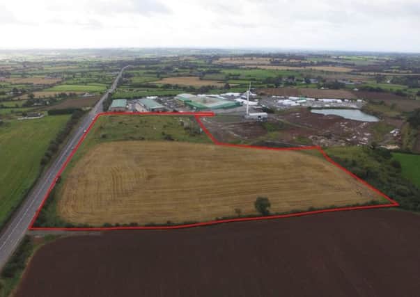 An aerial view of the new business park site at Glenavy Road, Moira. The red line marks the perimeter of the land that's been earmarked for the new development.