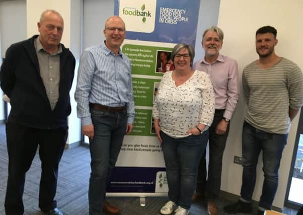 Pictured at the Newtownabbey Food Bank agm - Kevin McWilliams, St Gerards/ St Vincent de Paul, Jonathan McCunn, Glenabbey Church, Michelle Purdy, Deaconess Ballyclare Presbyterian. Rev John Dickinson, Carnmoney Church, Rev Stuart Hawthorne, Abbots Cross Presbyterian Church