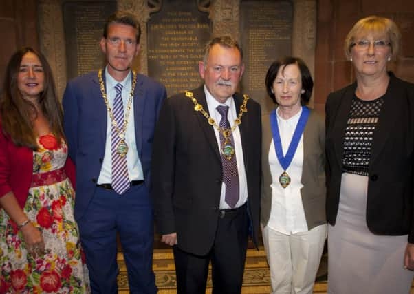 The new Mayor of Derry City and Strabane District Council, Councillor Maoliosa McHugh pictured at the Guildhall on Monday night. Included from left are Angela OÃ¢Â¬"Kane, Councillor John Boyle, Deputy Mayor, Mrs. Geraldine McHugh and outdoing Mayor, Alderman Hilary McClintock.