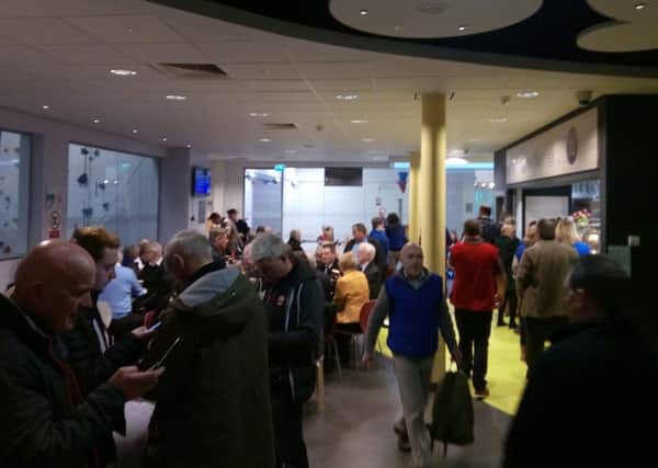 The scene at the foyer of the Count Centre at Foyle Arena on Friday morning.