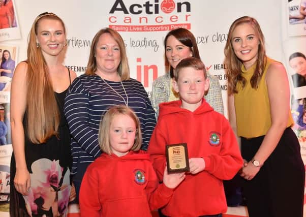 LOCAL SCHOOLS SCOOP AWARDS: Zoe Salmon, Jennifer Morton Centra, and Rebecca Dalzell Action Cancer along with Kendra Bolton (Teacher) Keera McElhennon and Jamie McElhennon pictured at the annual Health Action Awards, where Stewartstown Primary School, Dungannon scooped a Gold award. The Awards are part of Action Cancers unique Health Promotion Programme, sponsored by Centra, as part of the brands Live Well initiative. Fifty schools across Northern Ireland picked up awards for their innovative approach to good health promotion across various areas including, providing healthy meal options, promoting healthy snacks and water, encouraging extra-curricular exercise programmes and running cancer awareness initiatives. A full list of the 2017 award winners is available at www.actioncancer.org
