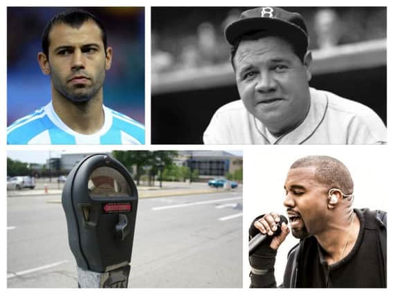 From top left, clockwise, Barcelona and Argentina footballer, Javier Mascherano; baseball legend, Babe Ruth; singer/rapper, Kanye West and a parking metre.