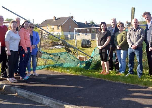 Residents of Charles Baron Crescent pictured during a protest at the state of of unfinished building site adjacent to their homes. Also included are Councillor Colin McCusker and Carla Lockhart, MLA, right. INLM19-211.