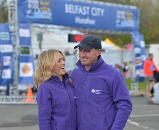 Brendan Rodgers with his fiancee Charlotte  after  taking  part in the Deep RiverRock Belfast City Marathon 2016 (for the Northern Ireland Hospice. Photo Colm Lenaghan/Pacemaker