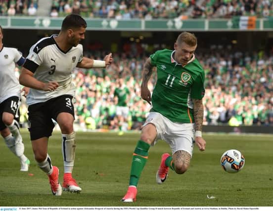 James McClean of Republic of Ireland in action against Aleksandar Dragovic of Austria during the FIFA World Cup Qualifier Group D match between Republic of Ireland and Austria at Aviva Stadium, in Dublin.
