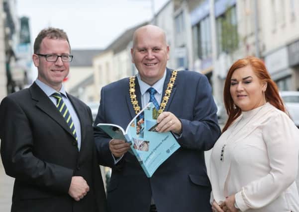 The Mayor of Mid and East Antrim Cllr Paul Reid joins Cllr A.P.Wilson, Chair of the Planning Committee, and Chief Executive Anne Donaghy at the launch of the Boroughs Preferred Options Paper  a public consultation that will help shape the areas Local Development Plan.