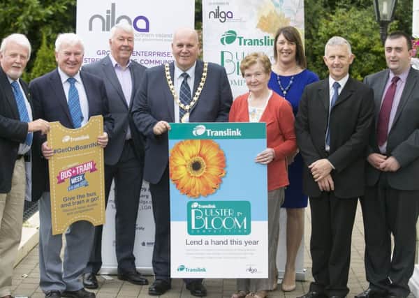 Celebrating the launch of the 2017 Translink Ulster in Bloom Competiton Awards were (from left) David Brown and Bill Pollock, Brighter Whitehead, Frank Hewitt, Translink Chairman, Cllr Paul Reid, Mayor of Mid & East Antrim Borough Council, Moira Rodgers, Brighter Brighthead, Ald Freda Donnelly, NI Local Government Association Vice President, Gerard McAatarsney and Brian Goodfellow, Translink NI Railways.