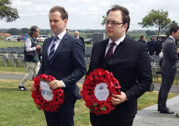 Cllr Alexander Redpath (right) of Lisburn and Castlereagh City Council and Cllr Andrew Wilson of Mid and East Antrim Borough Council lay wreaths at the foot of the Round Tower memorial in memory of those who fought at the Battle of Messines in 1917.
