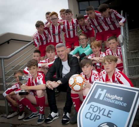 West Bromwich Albion and Republic of Ireland captain James McClean pictured in Derry last night to launch of the Hughes Insurance Foyle Cup 2017. The Premier League star is pictured with the Derry City Colts squad.