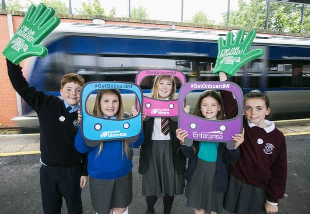 Pictured celebrating their success in the Translink Eco-Schools Travel Challengeare Ciaran Maguire (St Malachys Primary School, Newry), Caitlan Prichard (Kilmoyle Primary School, Ballymoney), Stacey Connor (Ulidia Integrated College, Carrickfergus), Anna Gordon (Mill Strand Integrated Primary School, Portrush) and Aimee-Lee Caraher (St Patricks Primary School, Newry).