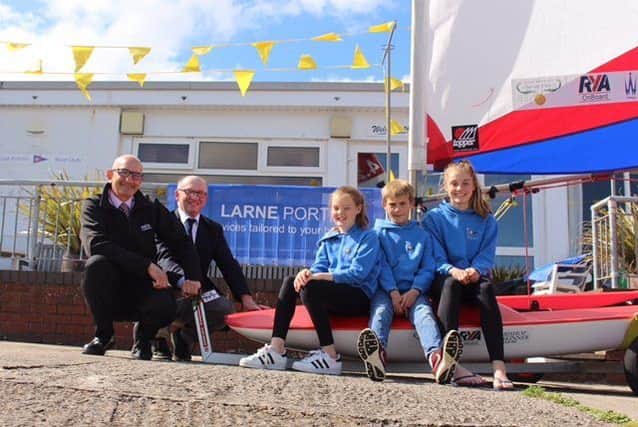 Roger Armson, Larne Port, Steven Kirby, EABC Rear Commodore, Zoe Whitford and Charlie and Kelly Patterson, EABC Topper sailors.