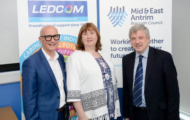 Colin Neill (left), chief executive, Hospitality Ulster, Alderman Maureen Morrow and David Gillespie, general manager, LEDCOM.