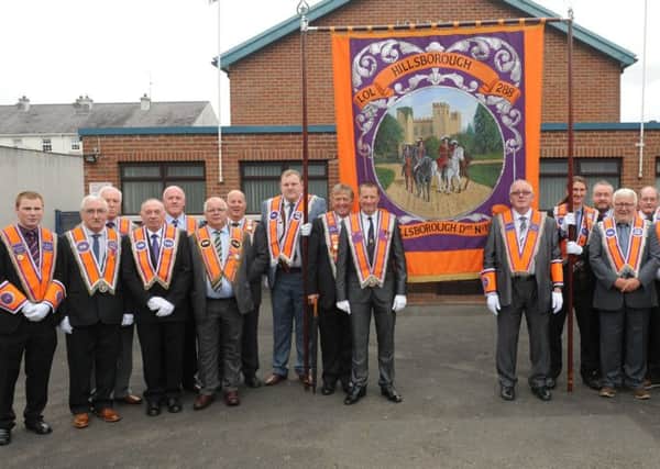 Hillsborough LOL 288 pictured prior to the parade through Hillsborough on Friday 9th June.  Included are William Heaney, Worshipful Master (left) and Paul Heasley, Deputy Master (right)