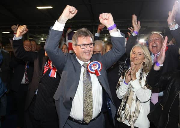 Sir Jeffrey Donaldson with DUP members and supporters celebrating their big win in Lagan Valley. Pic by Jonathan Porter, Press Eye