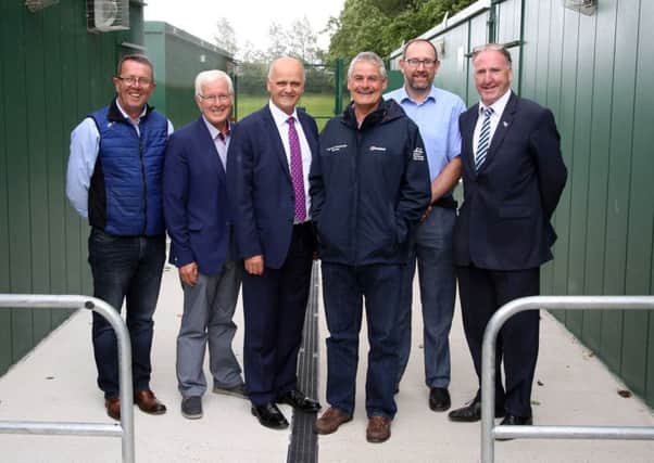 Robert Hamilton, Grounds Maintenace Officer; Councillor Alan Givan, Former Vice-chair of Leisure and Community Development Committee; Jim Rose, Director of Leisure and Community Services; Tim Morrow, Former Chair of Leisure and Community Development Committee; Gerwyn Young, Technical Officer and Eugene Walker, Maghera Developments Ltd at Ballymacoss Playing Fields.  15 June 2017 - Picture by Darren Kidd /Press Eye.