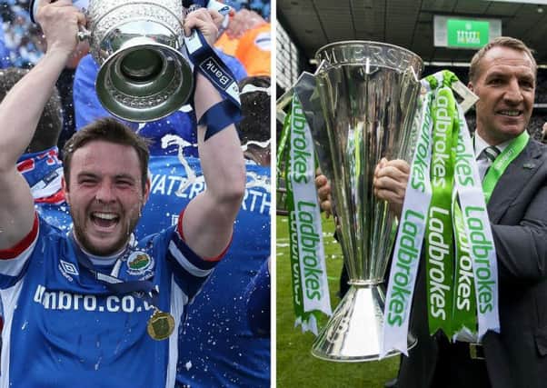 Linfield's Jamie Mulgrew and Celtic's Brendan Rodgers celebrate league success with their respective clubs