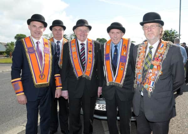 Ulster Unionist MLA Roy Beggs, Alex Baird, Roy Beggs Snr. Roy Turner and Dennis Currie from Ballyboley LOL548. INLT 28-060-AM