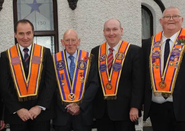 Magheragall District LOL No 9:   Bros - John Crockard (Foreman of Committee), Bertie Brown (Tyler), Jason McCourt (Deputy District Master), Sidney Wilson (Past District Master and Past Country Grand Secretary), William Leathem (Past Country Grand Secretary) and Martin Hayes (Past District Master).  (Photo by John Kelly).