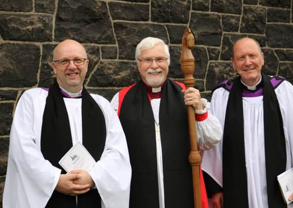 Revds Mark Harvey (left) and Scott McDonald with Bishop Harold Millar (centre).
