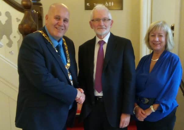 Mid and East Antrim Mayor Cllr. Paul Reid held a reception for Peter Garrett, principal and Lorna Plenderleith, principal partner, of Moyle Primary School, at Larne Town Hall.