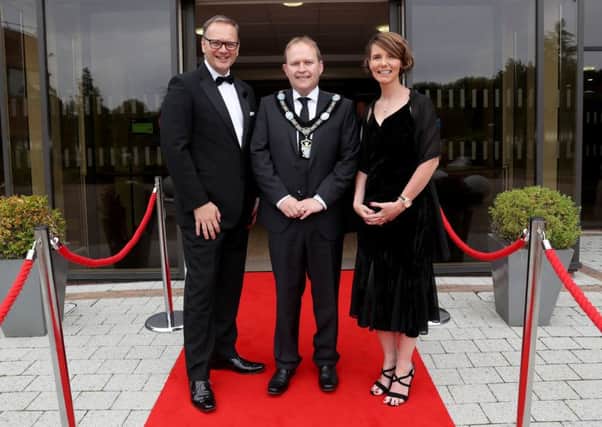 Roger Wilson, Chief Executive of ABC Council, and Kerry Lyle from Almac with Lord Mayor Alderman Gareth Wilson pictured at the inaugural Armagh City, Banbridge and Craigavon Borough Council Business Awards.