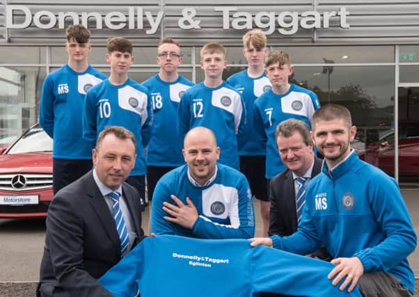 The Country Londonderry Super Cup NI Team collecting their New Training Tracksuits from Team Sponsors Donnelly & Taggart Eglinton. (L-R) Mark Smyth, Motorstore Sales Manager, Michael Cooke, Premier Squad Manager, Victor Pollock, Sales Director and Martin Smith, the Junior Squad Manager.