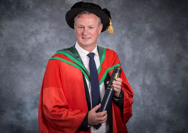 Manager of the Northern Ireland football team, Michael O'Neill, received the honorary degree of Doctor of Science (DSc) for his contribution to Irish football. (Photo: Nigel McDowell/Ulster University)
