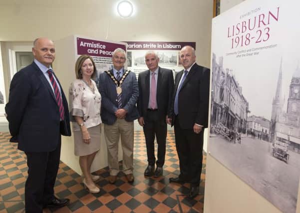 Pictured at the opening of the new Lisburn 1918-23 exhibition in the Irish Linen Centre and Lisburn Musuem are (l-r) Jim Rose, Director of Service Delivery (Non-Regulated); Dr Theresa Donaldson, LCCC Chief Executive; Mayor Tim Morrow; Brian Mackey, Museum Curator and Alderman James Tinsley, Chairman of the Council's Leisure & Community  Development Committee.