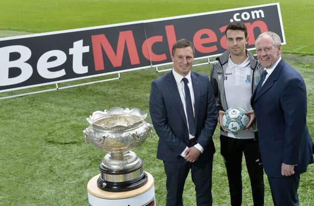 Pictured at today's launch of the Bet McLean League Cup launch is Paul McLean, Andy Johnston NIFL and Conor McCloskey from Ballymena United.