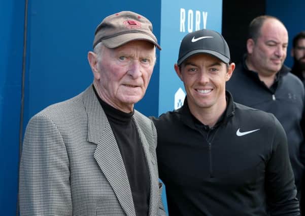 Rory Mcliroy meets with Harry Gregg at the Dubai Duty Free Irish Open Hosted by the Rory Foundation Invitational Pro-Am at Portstewart Golf Club