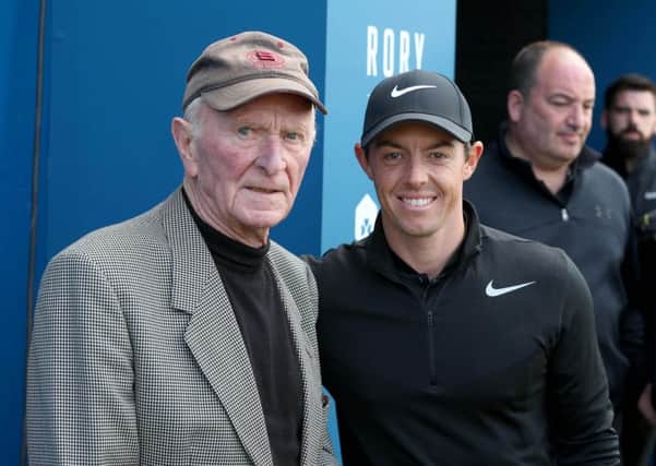 Rory Mcliroy meets with Harry Gregg at the Dubai Duty Free Irish Open Hosted by the Rory Foundation Invitational Pro-Am at Portstewart Golf Club.
Picture by Matt Mackey / presseye.com