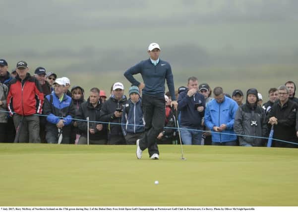 Rory McIlroy of Northern Ireland on the 17th green during Day 2 of the Dubai Duty Free Irish Open Golf Championship at Portstewart Golf Club