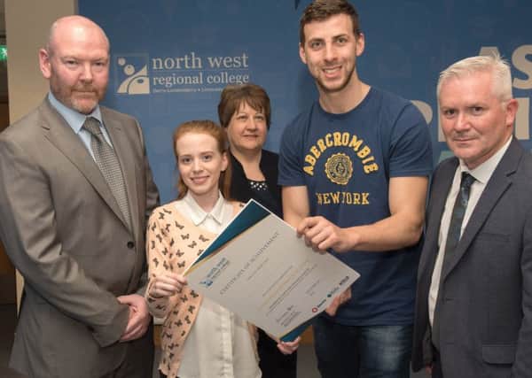 Rebecca McDermott (second from left) and Ian Bratton (second from right) pick up their certificates of achievement at North West Regional College after completing the five week Global Business Services Academy. Also pictured from left are James Casserly, GBS Director for Bemis Europe, Kathleen McCaul, Head of Business, NWRC and Mark McConville, Client Executive with the Department for the Economy. (Pic by Martin McKeown).

The Academy is a partnership between the College, Department for the Economy and Global Packaging Giant, Bemis.