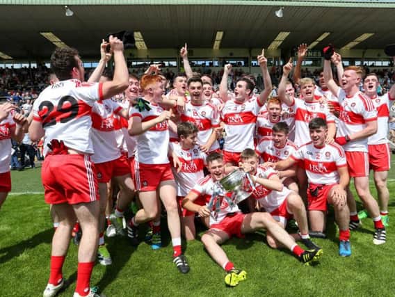 Derry celebrate their Ulster Minor Football Championship Final victory over Cavan at Clones.