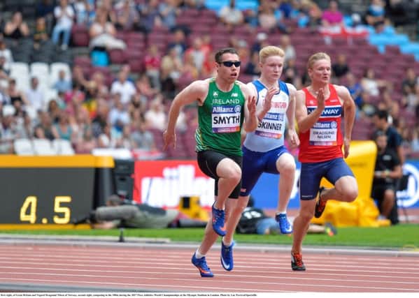 Jason Smyth of Ireland, Chadwick Campbell, left, of Jamaica, Zak Skinner, first right, of Great Britain and Vegard Dragsund Nilsen of Norway, second right, competing in the 100m during the 2017 Para Athletics World Championship