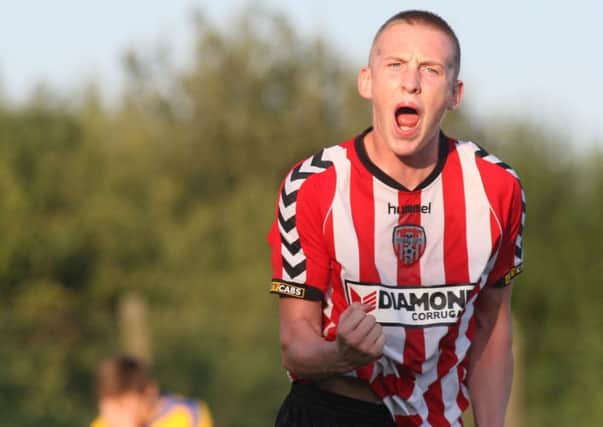 Derry City forward, Ronan Curtis pictured after scoring for the Candy Stripes U19s in the Foyle Cup Final against Altringham in 2014.