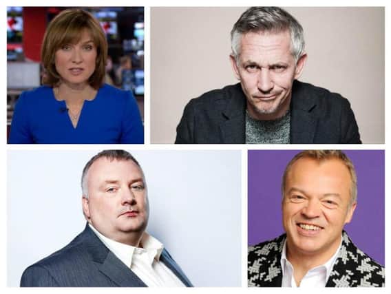 BBC PRESENTERS - from top left, clockwise, journalist Fiona Bruce, talk show host, Graham Norton, Match of the Day presenter, Gary Lineker and Northern Ireland broadcaster, Stephen Nolan.