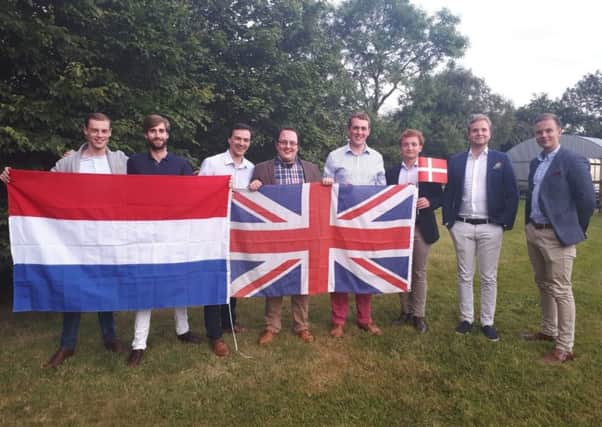 Young political leaders from the Netherlands, Denmark, Scotland, Sweden and England with Cllr Alexander Redpath (Lisburn and Castlereagh) and Cllr Chris Smyth (Fermanagh and Omagh) at the Twelfth celebrations in Hillsborough.