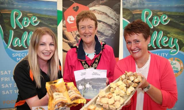 Shauna McFall and Louise Millsopp from DAERA join the Mayor of Causeway Coast and Glens Borough Council, Councillor Joan Baird, at Limavady Agricultural Show for the launch of the new Roe Valley Market.