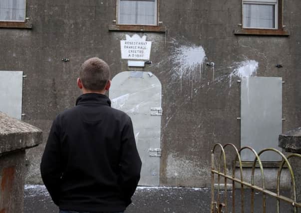 Paint bomb attack  damage to an Orange Hall on Lislaban Road in Cloughmills. It is believed that two paint bombs were thrown at the hall sometime over the weekend.
 
Picture by Brian Little / Press Eye