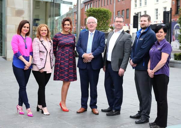 Chair of the councils Development Committee, Alderman Allan Ewart MBE (centre) with Lisburn City Centre Street Ambassadors Leanne McCandless and Nadine McCallum, Rose and Poetry Boutique; Chanel Mc Kinstry and Jim Conlon, Midas Jewellers; Dominic McCourt, Fonehouse and Lynn McKibben, Daltons.