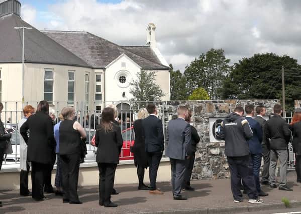 Hundreds of mourners gathered at Carnmoney Presbyterian Church for the funeral. Pic by Press Eye - Declan Roughan.